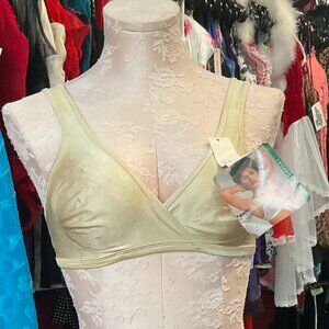 Vintage Comfort V-Neck Second Skin Satin Sweet Sport Bra Wide Strap Size 34 Tan